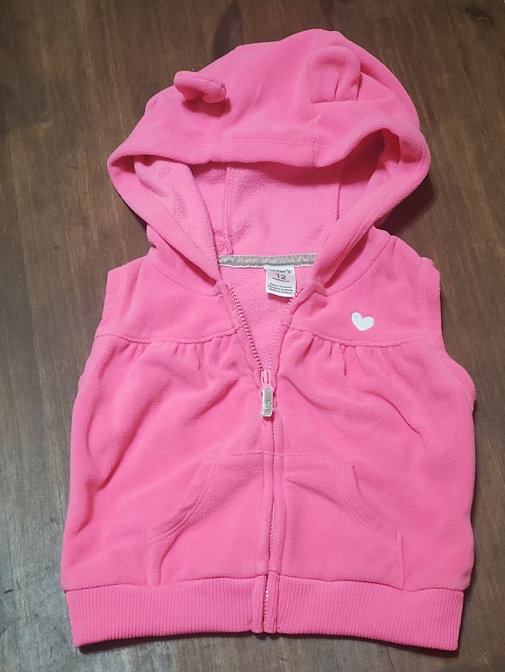 Carter's Bright Pink Hooded Sleeveless Zip Vest with Heart
